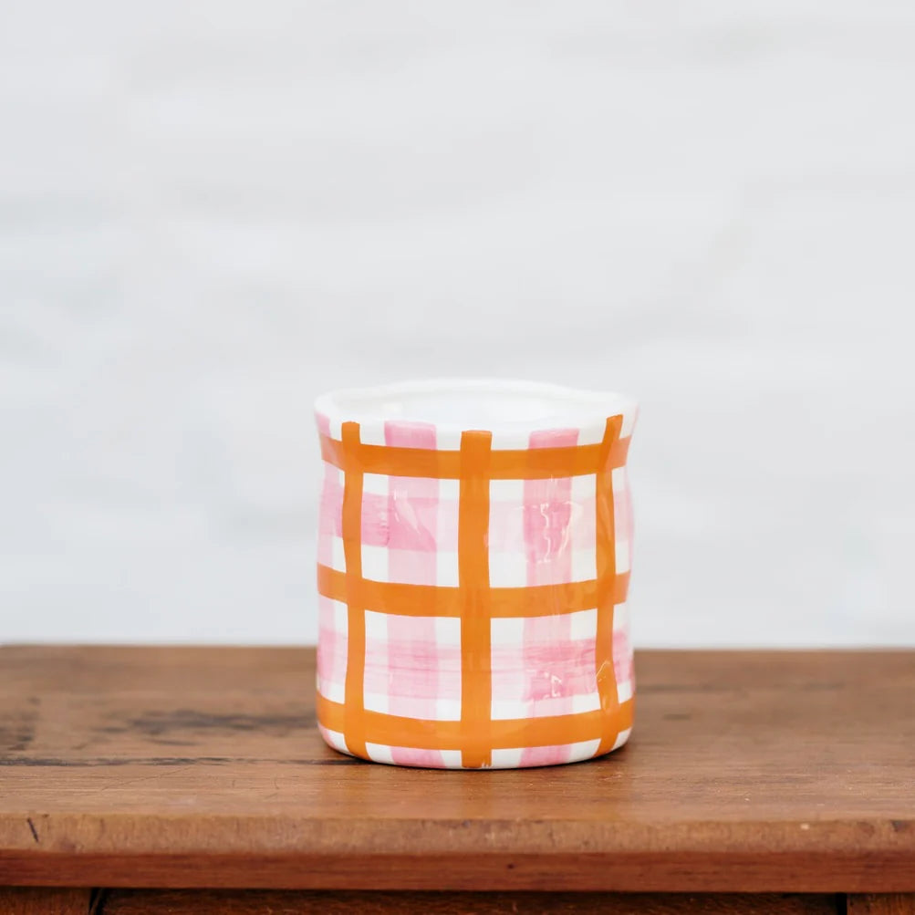 Pink and Organge Gingham Candle