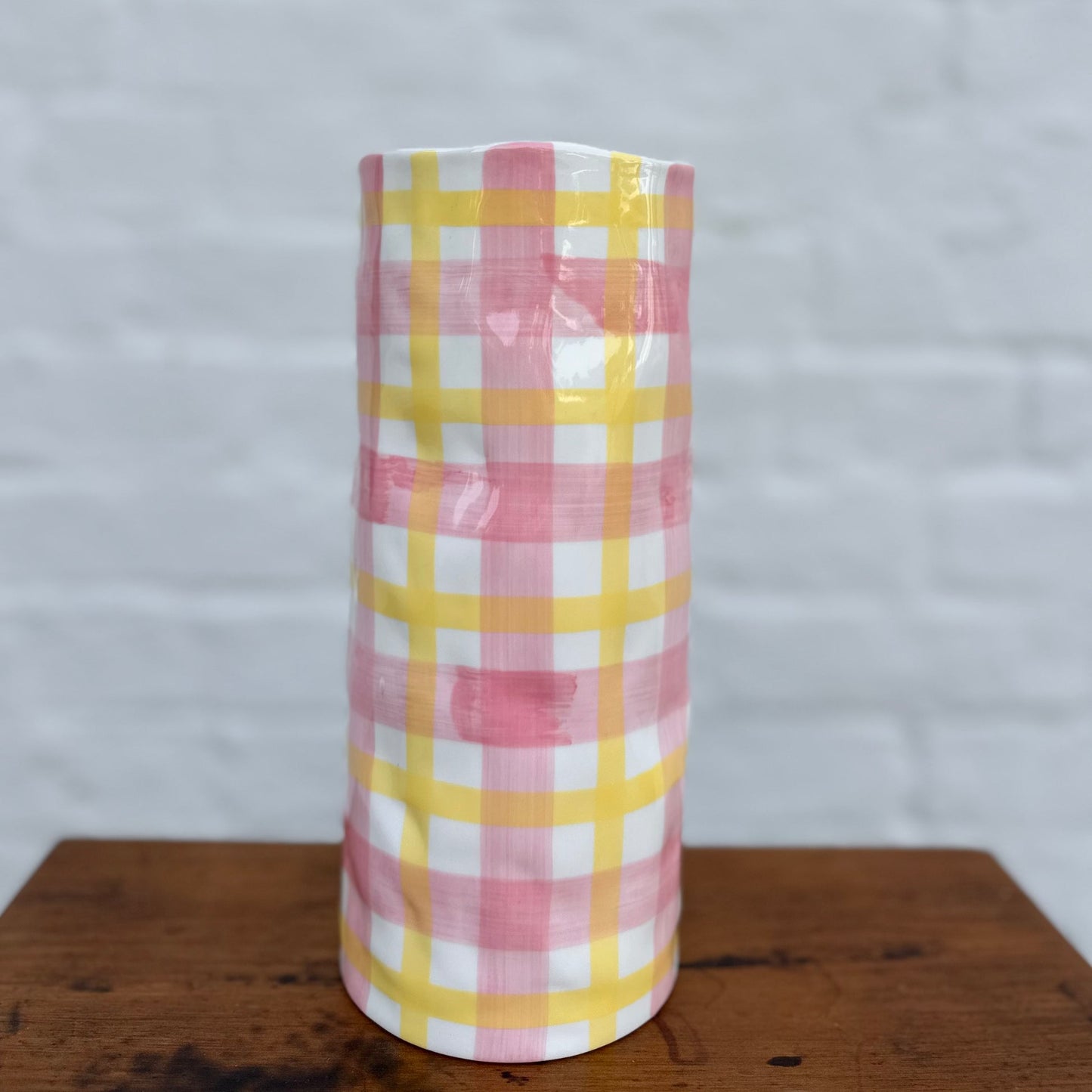 Pink & Yellow Gingham Medium Vase