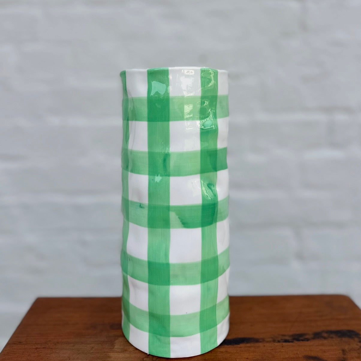 Green Gingham Medium Vase
