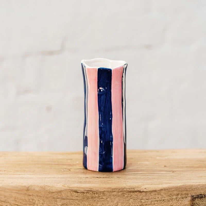 Pink & Navy Stripe Small Vase