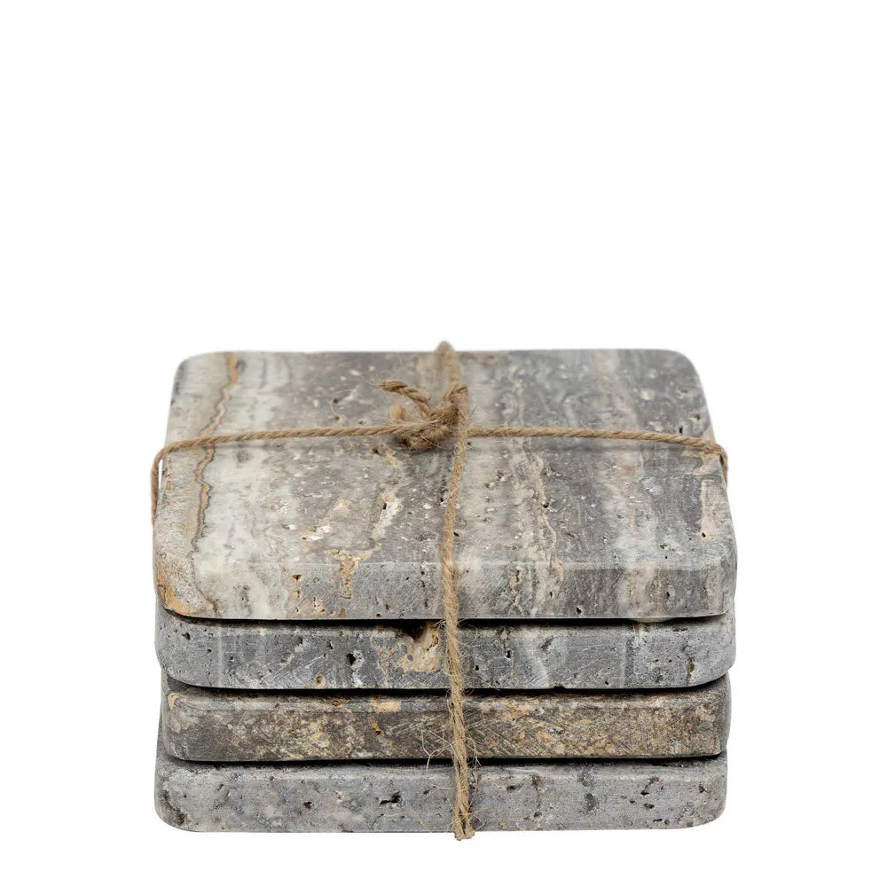 Graze Travertine Square Coasters, Dark Grey - Set of 4