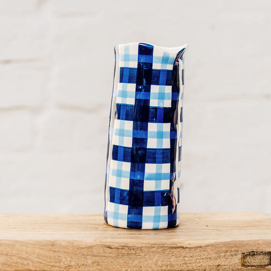 Navy and Cornflower Blue Gingham Large Vase
