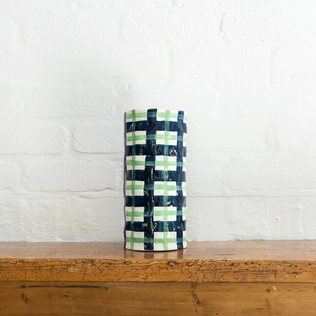 Large Navy and Mint Green Gingham Vase