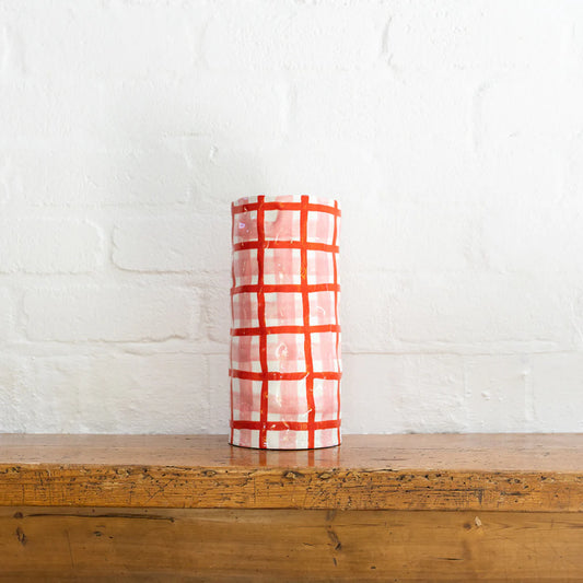 Large Pink & Red Gingham Vase