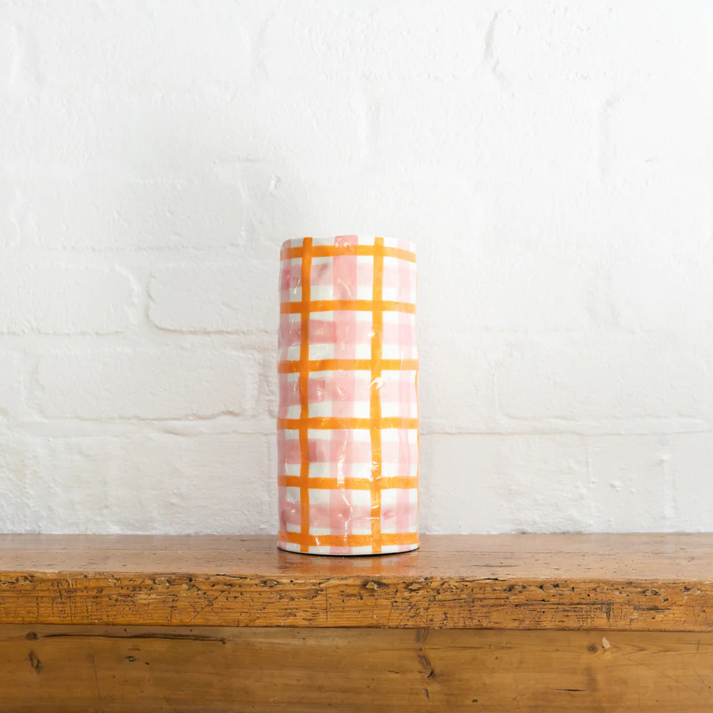 Large Pink and Orange Gingham Vase