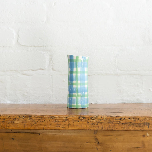 Small Cornflower Blue and Mint Green Gingham Vase