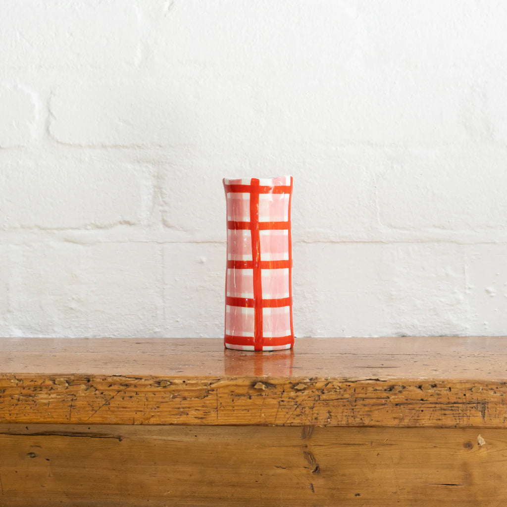 Small Pink and Red Gingham Vase