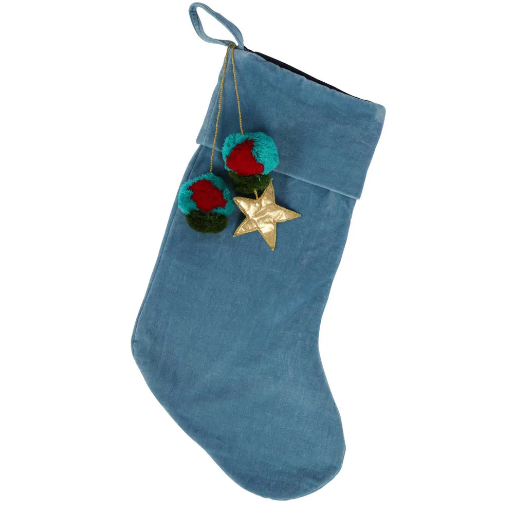 Velvet Pom Pom Stocking Light Blue