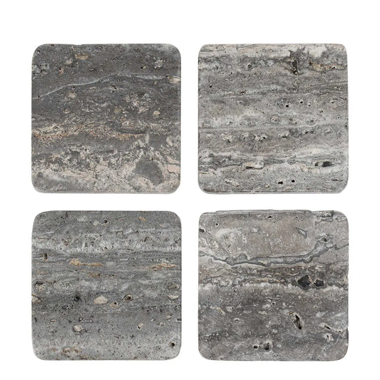 Graze Travertine Square Coasters, Dark Grey - Set of 4